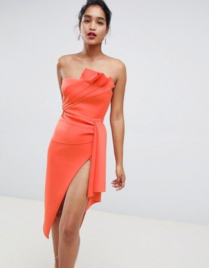 ASOS DESIGN scuba origami front super thigh split bodycon dress in coral – party glamour - flipped