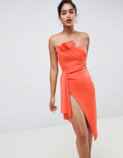 ASOS DESIGN scuba origami front super thigh split bodycon dress in coral – party glamour