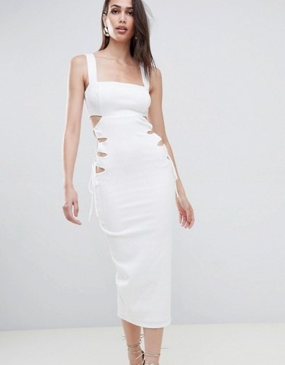 ASOS DESIGN square neck textured cut out midi dress in ivory | summer party bodycon - flipped