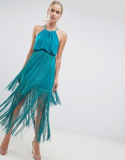 ASOS DESIGN strappy back fringe maxi dress in Tropical Green – fringed party fashion - flipped