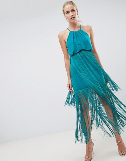 ASOS DESIGN strappy back fringe maxi dress in Tropical Green – fringed party fashion