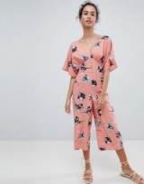 ASOS DESIGN Tea Jumpsuit With Kimono Sleeve And Button Detail In Pink Floral Print | oriental inspired