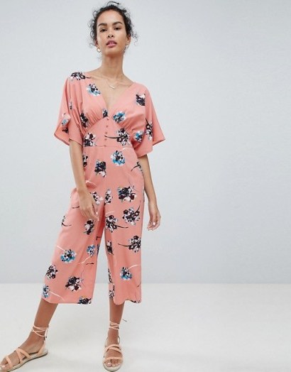 ASOS DESIGN Tea Jumpsuit With Kimono Sleeve And Button Detail In Pink Floral Print | oriental inspired - flipped