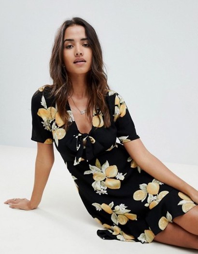 ASOS DESIGN Ultimate Lemon Print Mini Skater Dress With Tie | summer fit and flare frock - flipped
