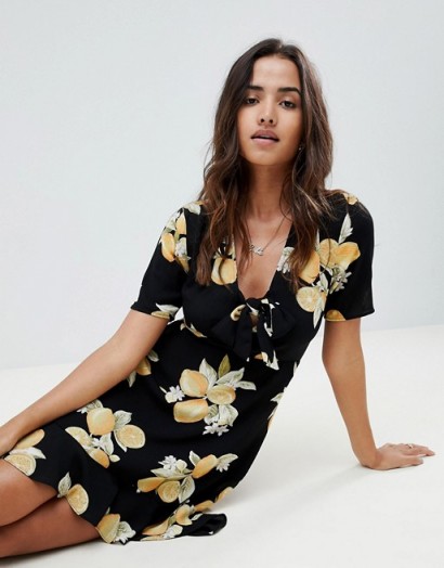 ASOS DESIGN Ultimate Lemon Print Mini Skater Dress With Tie | summer fit and flare frock