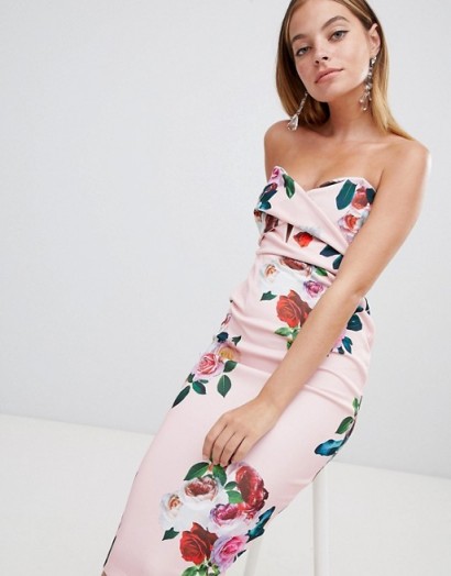 ASOS DESIGN Petite floral twist front scuba bodycon dress – strapless sweetheart neckline party dress