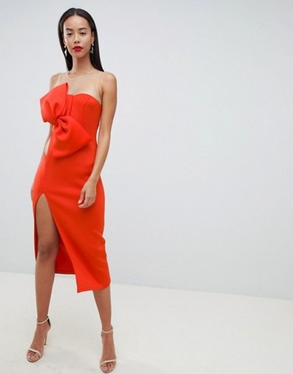 ASOS DESIGN Tall Bow Front Mesh Side Midi Dress in orange | side cut-out statement dresses - flipped