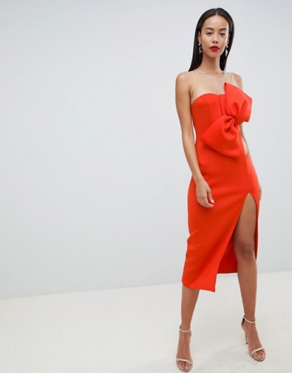 ASOS DESIGN Tall Bow Front Mesh Side Midi Dress in orange | side cut-out statement dresses
