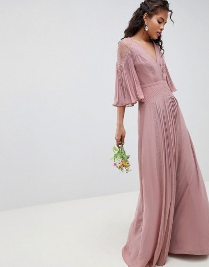 ASOS DESIGN Tall Bridesmaid pleated panelled flutter sleeve maxi dress with lace inserts in pink – long bridesmaids dresses - flipped