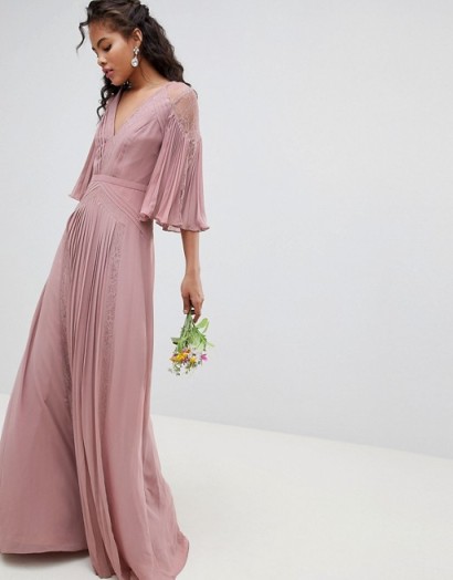 ASOS DESIGN Tall Bridesmaid pleated panelled flutter sleeve maxi dress with lace inserts in pink – long bridesmaids dresses