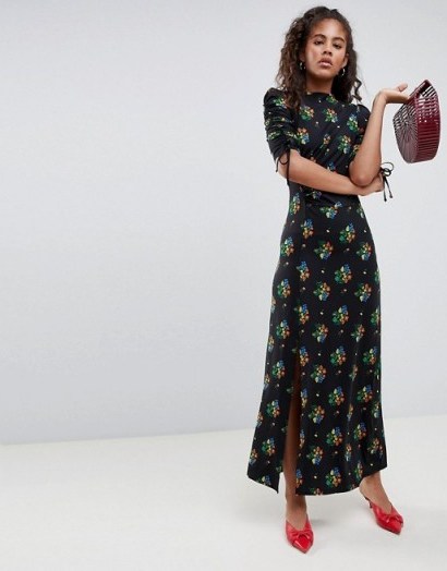 ASOS DESIGN Tall city maxi tea dress with split in black floral / long ruched summer frock - flipped