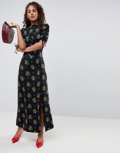 ASOS DESIGN Tall city maxi tea dress with split in black floral / long ruched summer frock