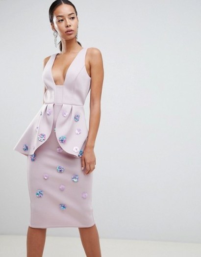 ASOS DESIGN Tall scuba embellished pencil dress in lilac / sequined flowers - flipped