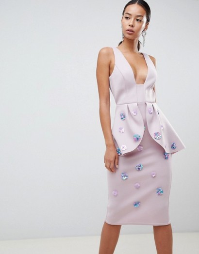 ASOS DESIGN Tall scuba embellished pencil dress in lilac / sequined flowers