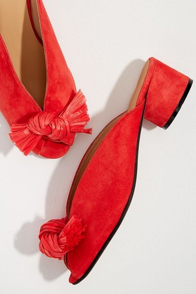 Anthropologie Asrid Raffia-Bow Suede Mules in medium pink | peep-toe summer shoes - flipped