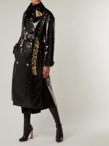 VERSACE Baroque print-lined crocodile-effect coat ~ black high-shine coats - flipped