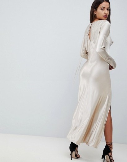 Bec & Bridge Satin Thigh Split Midi Dress in Sand – long glamorous evening dresses – silky fabrics - flipped