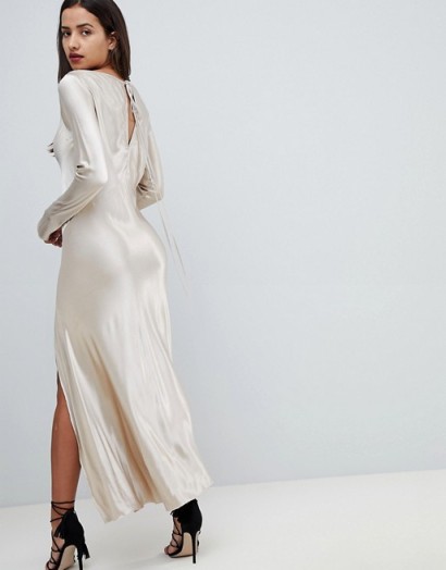 Bec & Bridge Satin Thigh Split Midi Dress in Sand – long glamorous evening dresses – silky fabrics