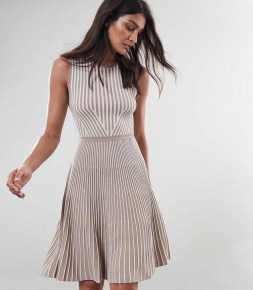 REISS BECKY STRIPED KNITTED DRESS NEUTRAL ~ feminine fit and flare - flipped