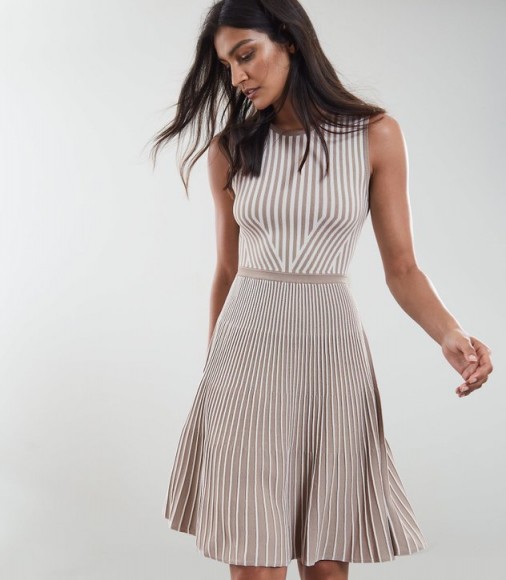 REISS BECKY STRIPED KNITTED DRESS NEUTRAL ~ feminine fit and flare