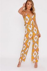 IN THE STYLE BELIA MUSTARD FLORAL TIE BACK JUMPSUIT – strappy summer fashion