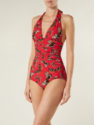 DOLCE & GABBANA Butterfly-print halterneck swimsuit ~ ruched swimsuits - flipped