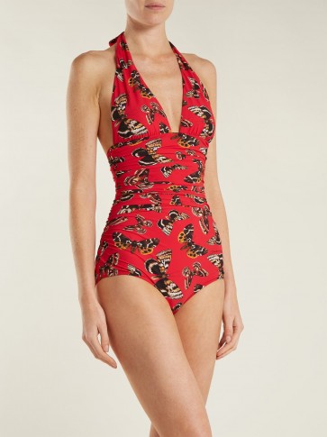 DOLCE & GABBANA Butterfly-print halterneck swimsuit ~ ruched swimsuits