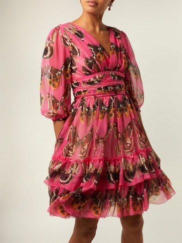 DOLCE & GABBANA Butterfly-print pink silk-chiffon mini dress ~ feminine style event clothing - flipped