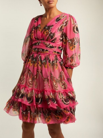 DOLCE & GABBANA Butterfly-print pink silk-chiffon mini dress ~ feminine style event clothing