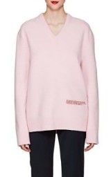 CALVIN KLEIN Embroidered-Logo Wool-Cotton Sweater ~ oversized pink V-neck