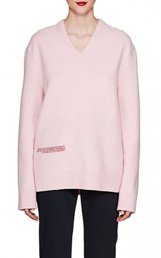 CALVIN KLEIN Embroidered-Logo Wool-Cotton Sweater ~ oversized pink V-neck - flipped