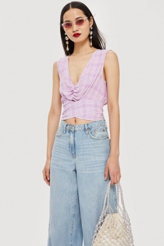 TOPSHOP Lilac Check Wrap Top - flipped