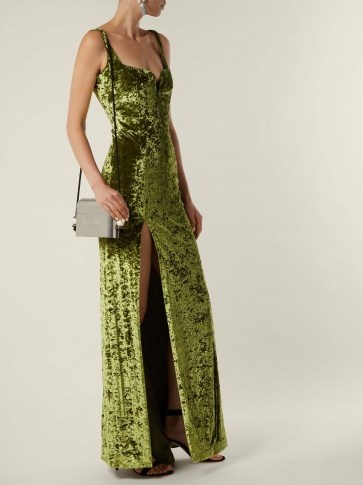 GALVAN Corset hammered green velvet gown ~ sweetheart neckline ~ high front split - flipped