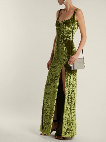 GALVAN Corset hammered green velvet gown ~ sweetheart neckline ~ high front split