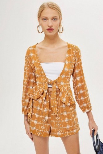 Topshop Crinkle Embroidered Top in mustard | vintage style prints - flipped
