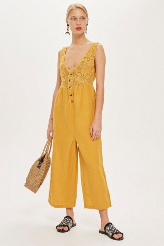 TOPSHOP Crochet Button Jumpsuit in Mustard / knitted florals - flipped