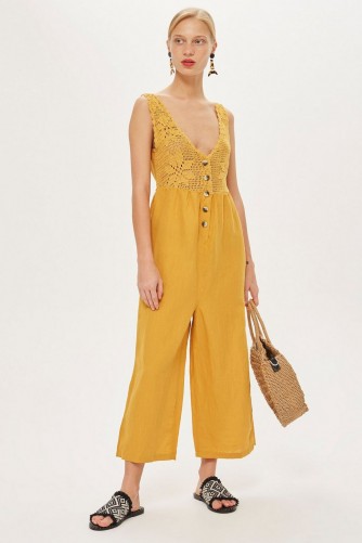 TOPSHOP Crochet Button Jumpsuit in Mustard / knitted florals