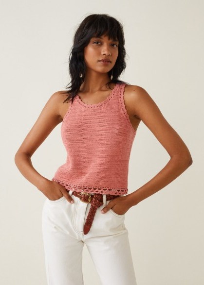 MANGO Crochet panel top in salmon | pink summer knitwear - flipped