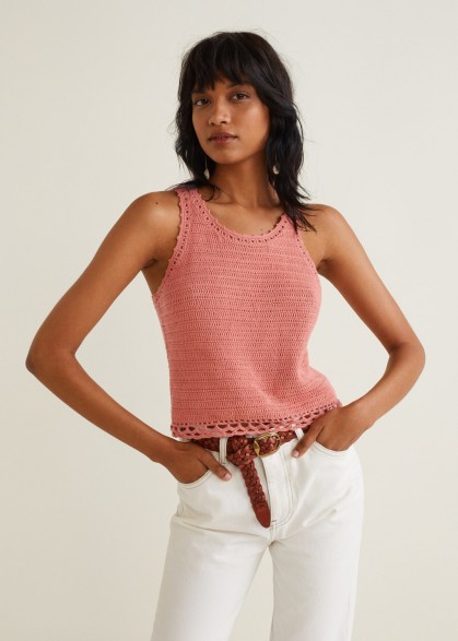 MANGO Crochet panel top in salmon | pink summer knitwear