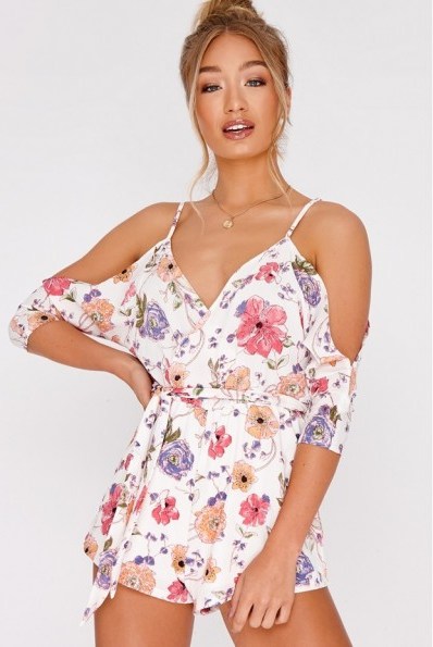 IN THE STYLE DAINIA WHITE FLORAL COLD SHOULDER PLAYSUIT – strappy summer romper - flipped
