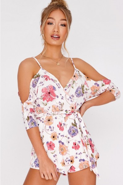 IN THE STYLE DAINIA WHITE FLORAL COLD SHOULDER PLAYSUIT – strappy summer romper