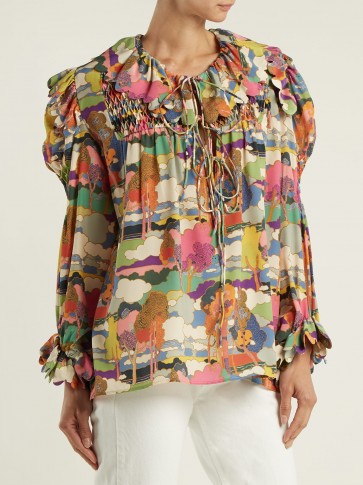 HORROR VACUI Defensia printed silk blouse ~ multicoloured cartoon forest print
