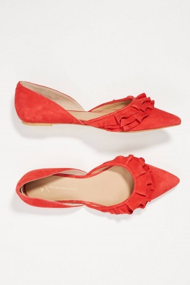 ANTHROPOLOGIE Dorsay Ruffled-Suede Flats Red ~ pointy toes - flipped