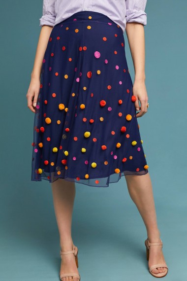 Maeve Dotted Tulle Skirt in Blue ~ pom pom embellished