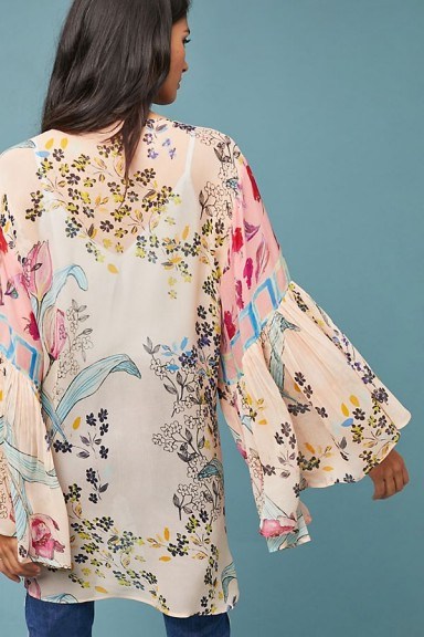 Anthropologie Elina Ruffled Kimono in pink | lightweight oriental style wide sleeve jackets - flipped