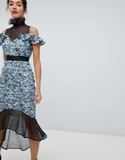 Elliatt High Neck Lace Midi Dress Blue – romantic style occasion fashion - flipped