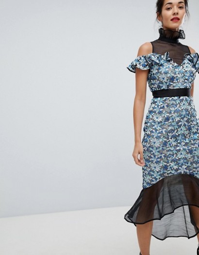 Elliatt High Neck Lace Midi Dress Blue – romantic style occasion fashion