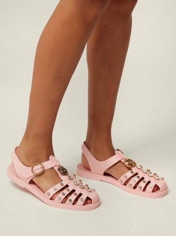 GUCCI Embellished pink rubber sandals | crystal studded summer flats - flipped