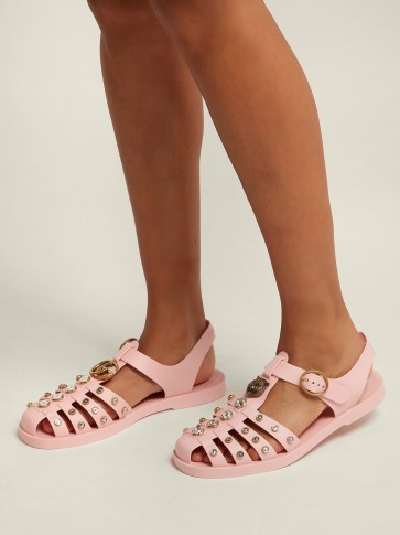 GUCCI Embellished pink rubber sandals | crystal studded summer flats