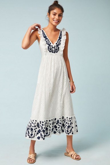 Anthropologie Embroidered Eyelet Midi Dress in White | pretty summer frock - flipped